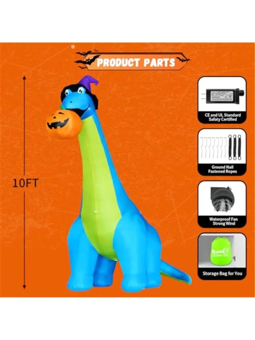 10 FT Tall Inflatable Dinosaurs Eating Pumpkin Blow Up with Built-in LED